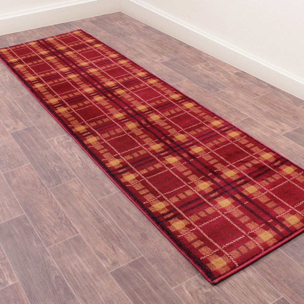 Tartan Check Modern Runner Rugs in Red